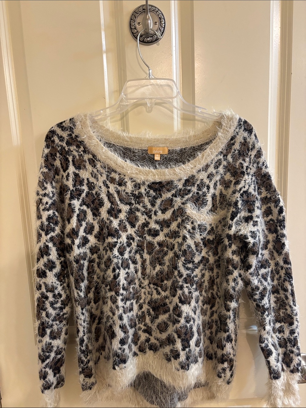 Fuzzy Leopard Print Sweater in Cream, Black & Brown